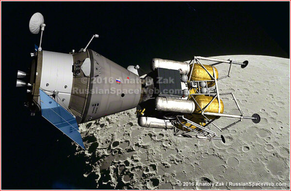 Loď Federace a lander u Měsíce