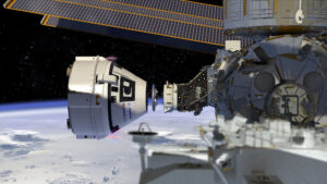 Umělecká představa lodi Starliner během připojování k ISS.