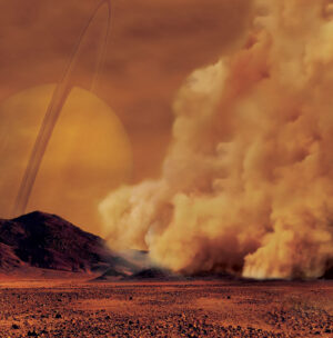 Umělecká představa prachové bouře v atmosféře Titanu.