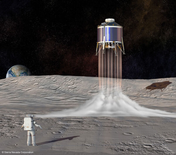 Doprovodný obrázek k tiskové zprávě Sierra Nevada Corporation k jejímu zařazení mezi společnosti, vybrané ke zpracování studií a vývoji prototypů sestupového modulu lunárního landeru.