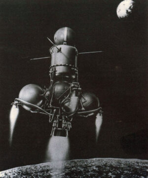 Koláž zachycující druhý stupeň sond řady Je-8-5 nad Měsícem.