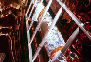 Záběr z 16. července 1969 ukazuje žebřík lunárního modulu, na něm přichycenou pamětní plaketu a vlevo i pouzdro s vlajkou.