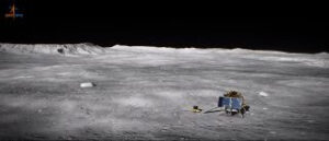 Umělecká představa indického přistávacího modulu na povrchu Měsíce v oblasti jižního pólu