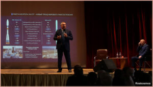 Dmitrij Rogozin při prezentaci podrobnějších informací o metanové raketě na Baltické technické univerzitě D. F. Ustinova v Petrohradu v září 2019.