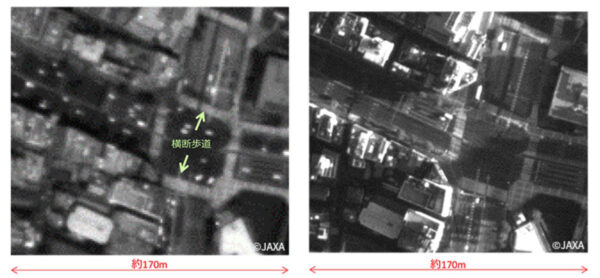 Oba snímky stejné tokijské křižovatky pořídila stejná kamera na družici Cubame. Ten vlevo vznikl ve výšce 381 km, ten vpravo pak jen 181 km vysoko. Rozdíl v detailech je vidět na první pohled.
