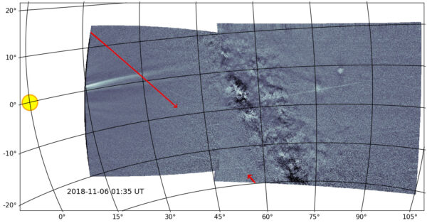 Přístroj WISPR na sondě PSP pořídil vůbec první snímek prachového pruhu planetky Phaethon, který každý rok způsobuje meteorický roj Geminidy.