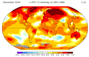 Globální mapa rozdílů naměřených průměrných teplot z roku 2019 v porovnání s údaji z let 1951 - 1980