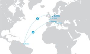 Mapa ukazuje trasu z evropských přístavů: Brémy, Rotterdam, Le Havre, Bordeaux a Livorno, kde bude docházet k nakládce dílu rakety Ariane 6. 